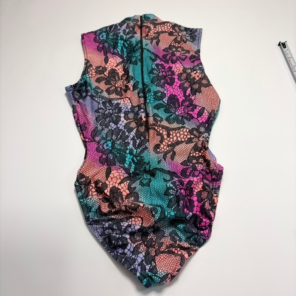 Gilda Marx Flexatard Vintage 80s Floral Lace Print Mock Neck Leotard Sz S USA - Picture 5 of 13